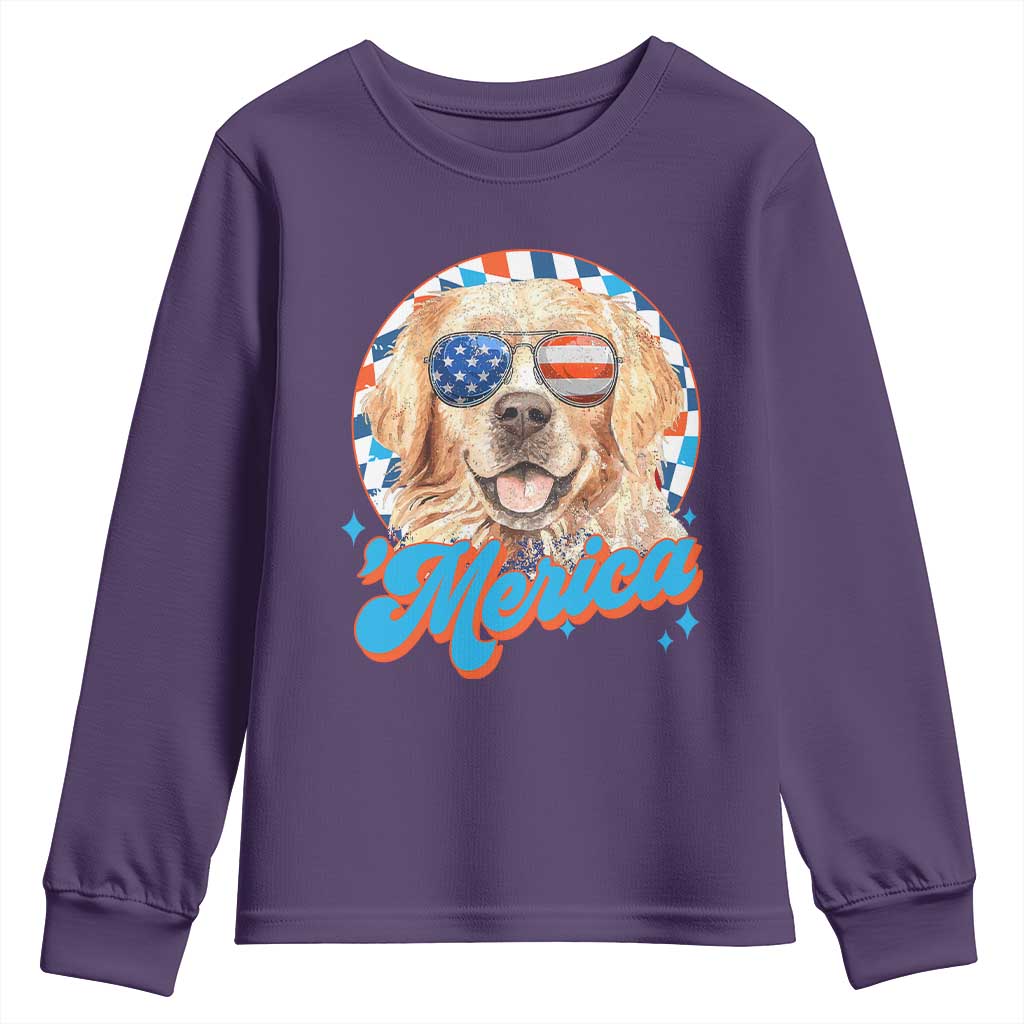 Funny Golden Retriever Merica Youth Sweatshirt 4th of July Dog Mom Dad Patriotic USA Retro 90s TS10 Purple Print Your Wear