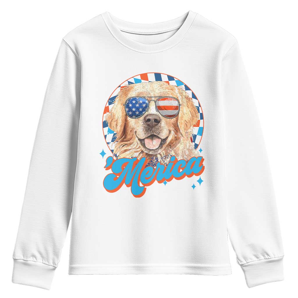 Funny Golden Retriever Merica Youth Sweatshirt 4th of July Dog Mom Dad Patriotic USA Retro 90s TS10 White Print Your Wear