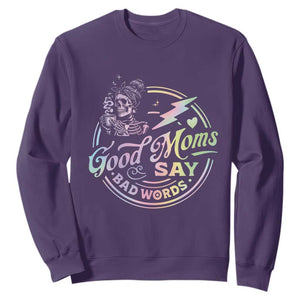 Funny Good Moms Say Bad Words Sweatshirt Mother's Day Messy Bun Skeleton TS11 Purple Print Your Wear
