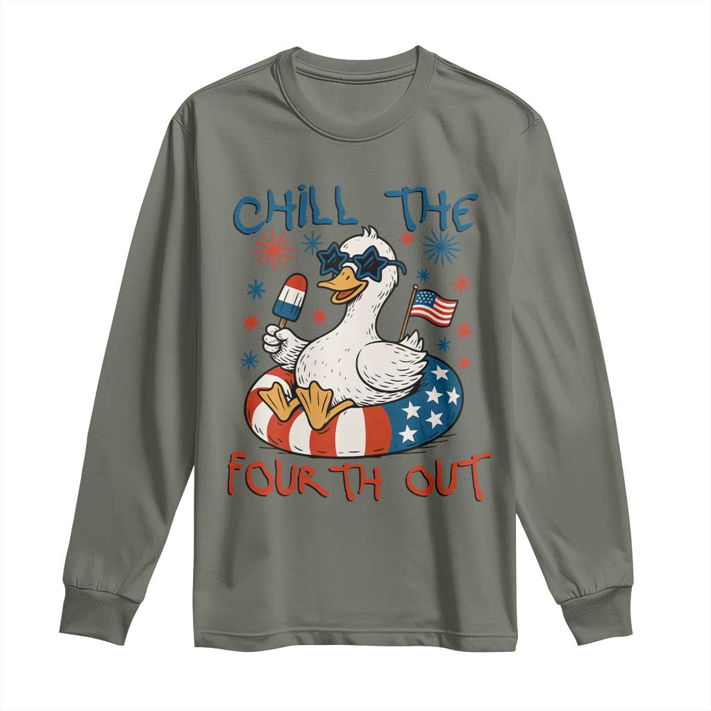 Funny Goose 4th of July Long Sleeve Shirt Chill the Fourth Out Patriotic Humor with Summer Vibes TS02 Military Green Print Your Wear