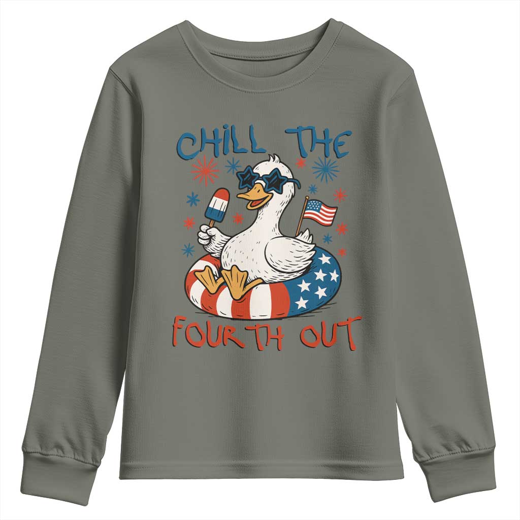 Funny Goose 4th of July Youth Sweatshirt Chill the Fourth Out Patriotic Humor with Summer Vibes TS02 Military Green Print Your Wear