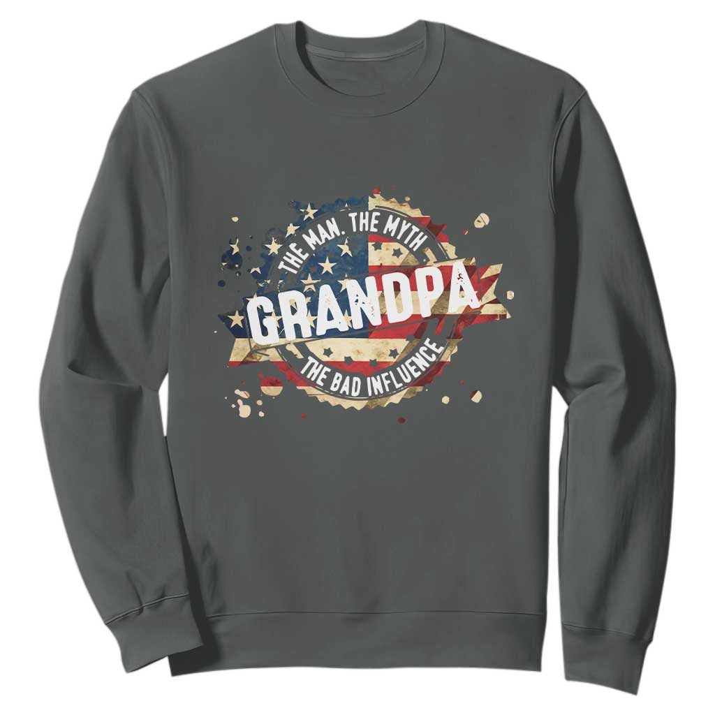 Funny Grandpa The Man The Myth The Bad Influence Sweatshirt Fathers Day TS11 Dark Heather Print Your Wear