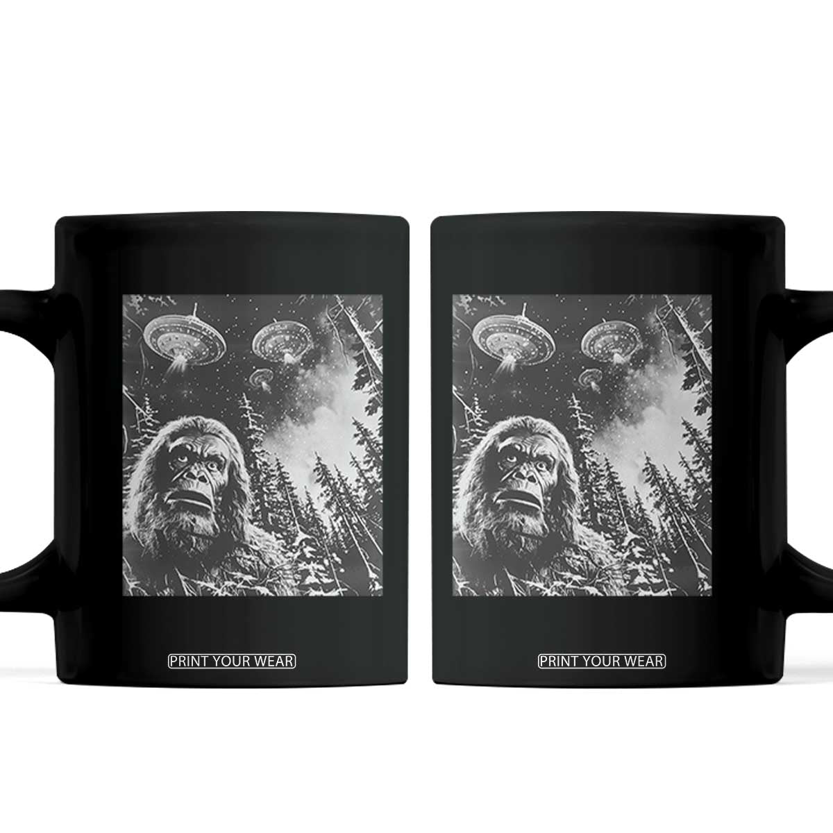 Funny Graphic Bigfoot Selfie with UFOs Weird Coffee Mug TS10 Black Print Your Wear