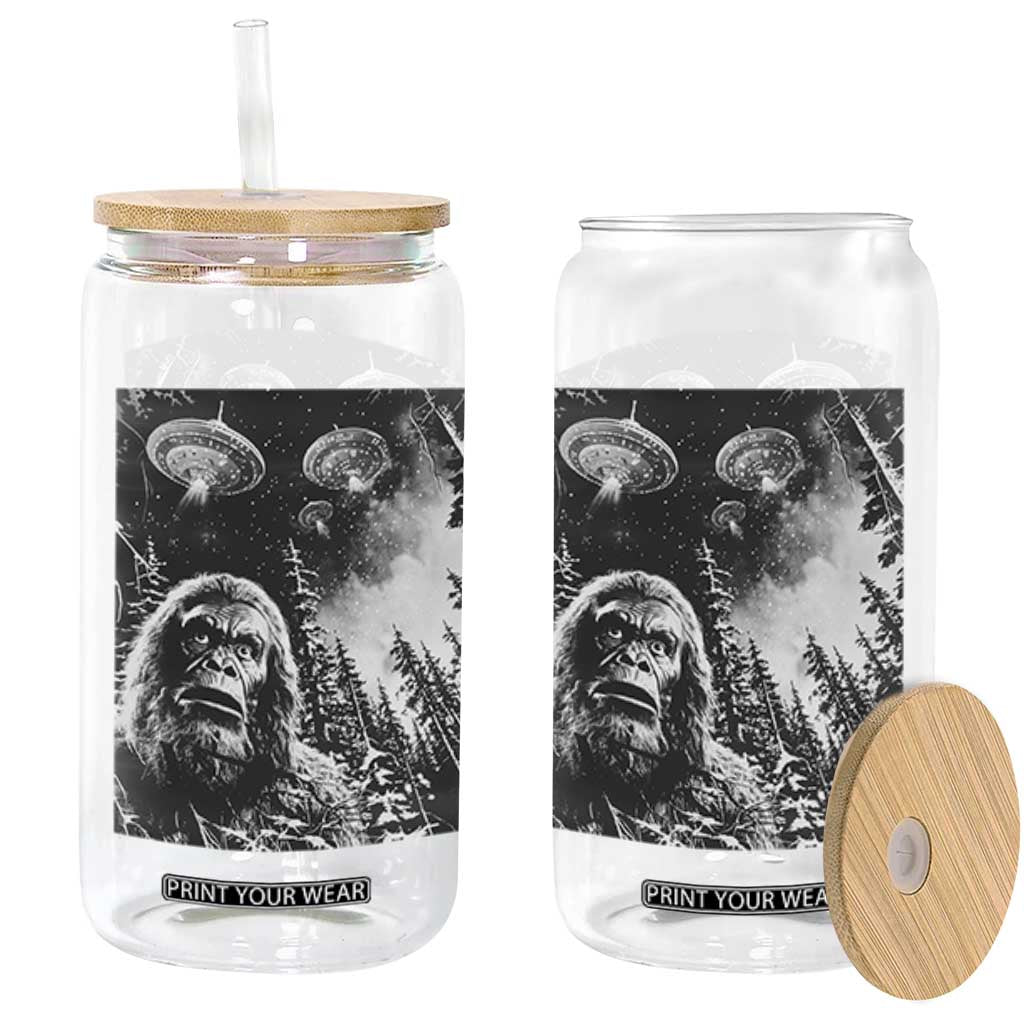 Funny Graphic Bigfoot Selfie with UFOs Weird Glass Can TS10 Black Print Your Wear
