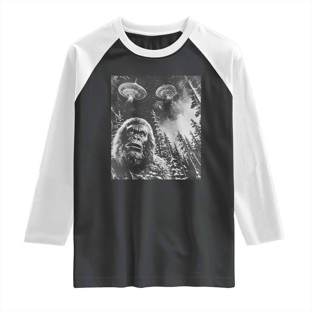 Funny Graphic Bigfoot Selfie with UFOs Weird Raglan Shirt TS10 Black White Print Your Wear