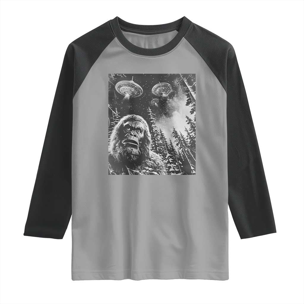 Funny Graphic Bigfoot Selfie with UFOs Weird Raglan Shirt TS10 Sport Gray Black Print Your Wear