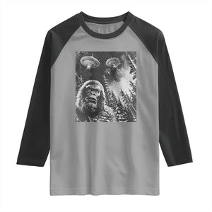 Funny Graphic Bigfoot Selfie with UFOs Weird Raglan Shirt TS10 Sport Gray Black Print Your Wear