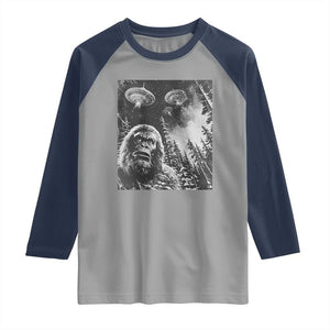 Funny Graphic Bigfoot Selfie with UFOs Weird Raglan Shirt TS10 Sport Gray Navy Print Your Wear