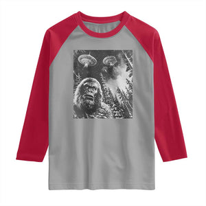 Funny Graphic Bigfoot Selfie with UFOs Weird Raglan Shirt TS10 Sport Gray Red Print Your Wear
