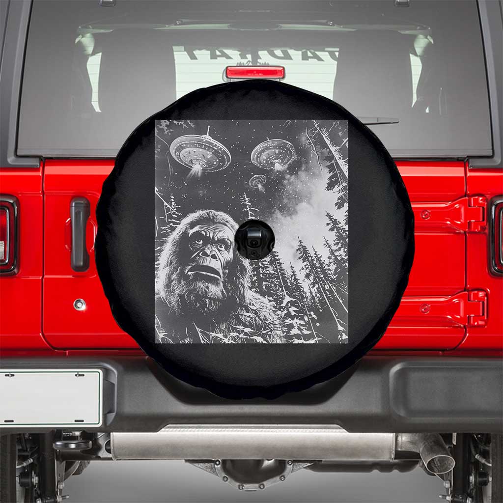 Funny Graphic Bigfoot Selfie with UFOs Weird Spare Tire Cover TS10 Black Print Your Wear
