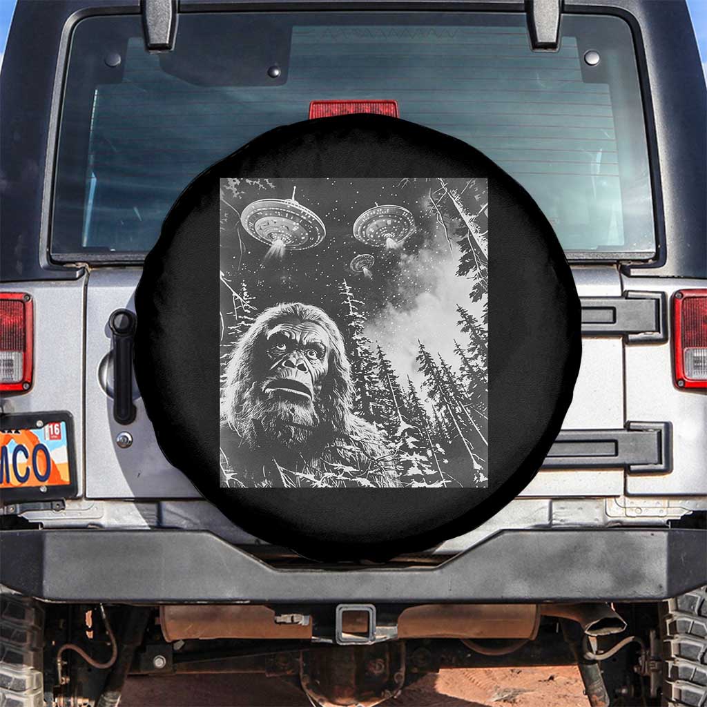 Funny Graphic Bigfoot Selfie with UFOs Weird Spare Tire Cover TS10 No hole Black Print Your Wear