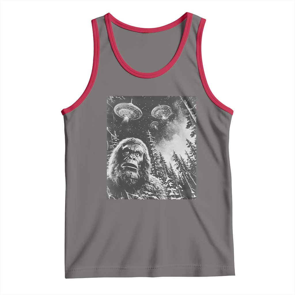 Funny Graphic Bigfoot Selfie with UFOs Weird Tank Top TS10 Deep Heather Red Print Your Wear