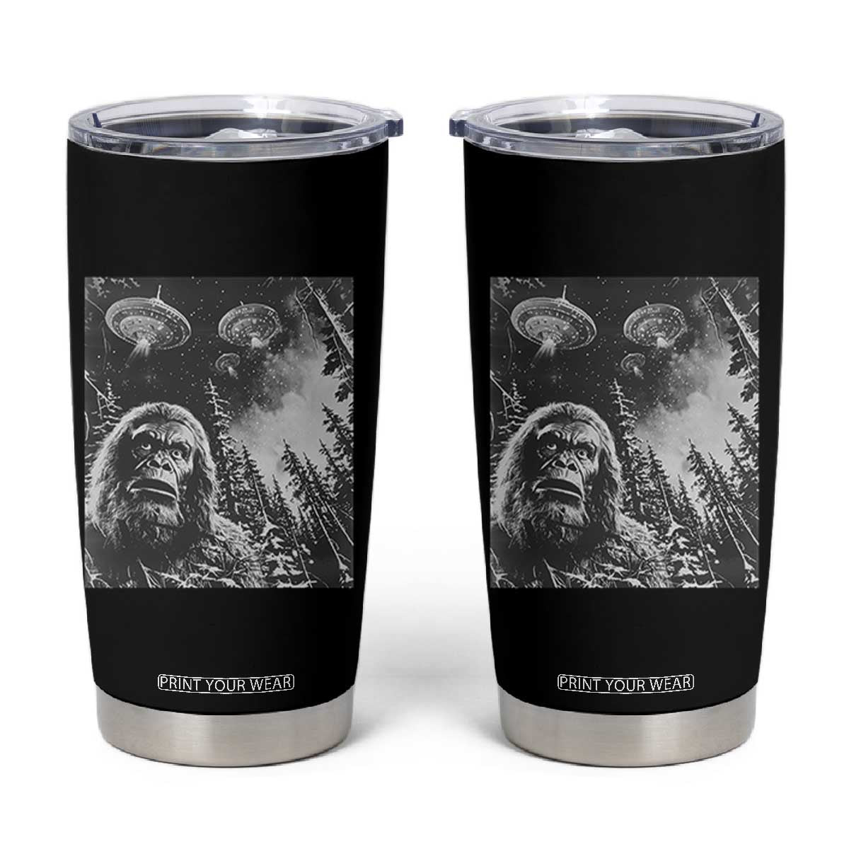 Funny Graphic Bigfoot Selfie with UFOs Weird Tumbler Cup TS10 Black Print Your Wear