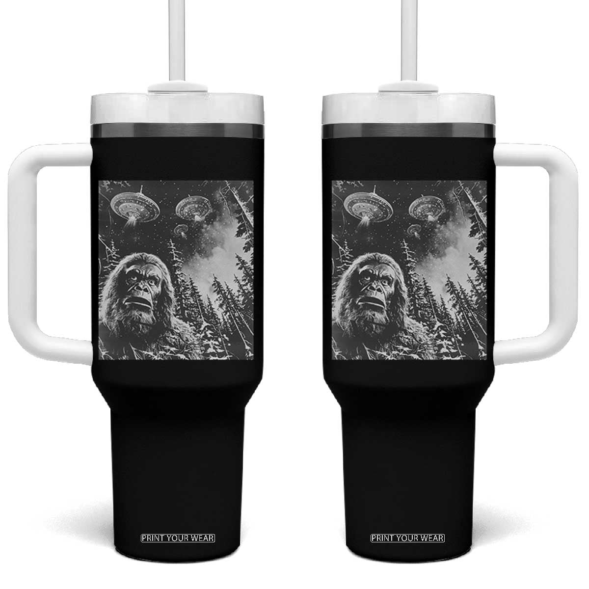 Funny Graphic Bigfoot Selfie with UFOs Weird Tumbler With Handle TS10 One Size: 40 oz Black Print Your Wear