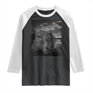 Funny Graphic Capybara Selfie with UFOs Weird Raglan Shirt TS10 Black White Print Your Wear