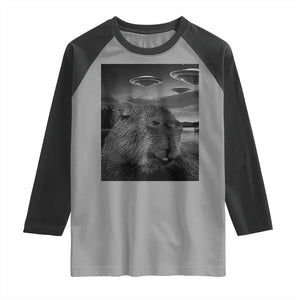 Funny Graphic Capybara Selfie with UFOs Weird Raglan Shirt TS10 Sport Gray Black Print Your Wear