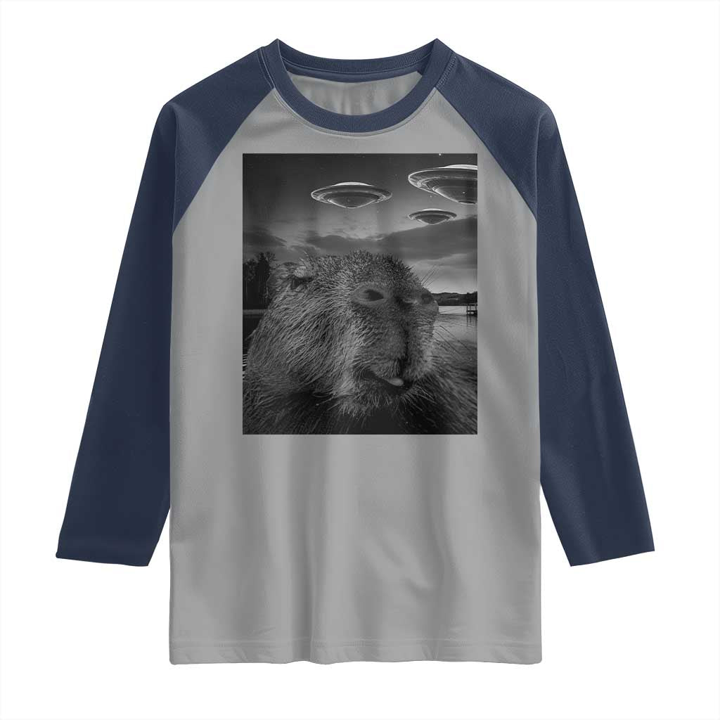 Funny Graphic Capybara Selfie with UFOs Weird Raglan Shirt TS10 Sport Gray Navy Print Your Wear