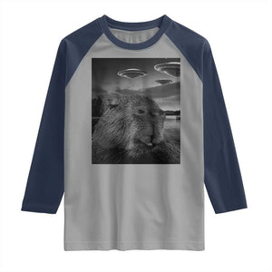 Funny Graphic Capybara Selfie with UFOs Weird Raglan Shirt TS10 Sport Gray Navy Print Your Wear