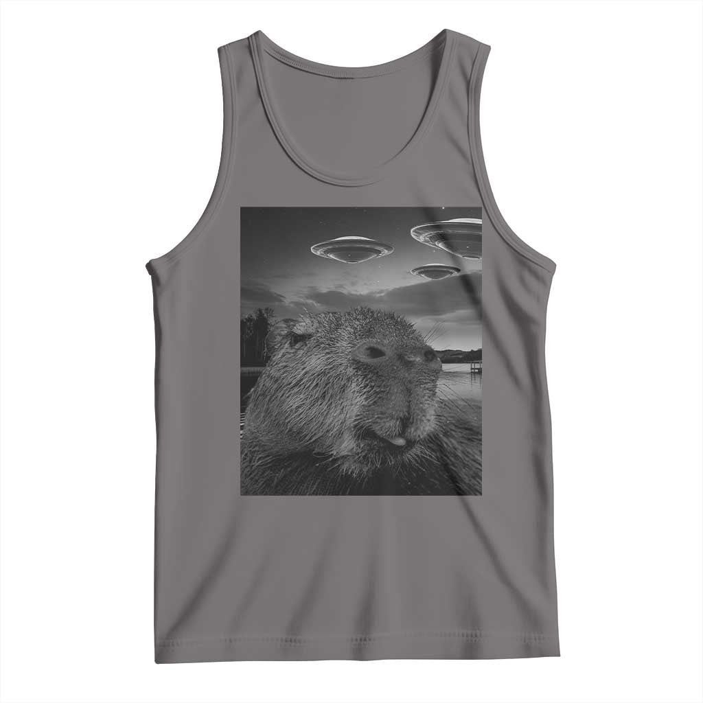 Funny Graphic Capybara Selfie with UFOs Weird Tank Top TS10 Deep Heather Print Your Wear