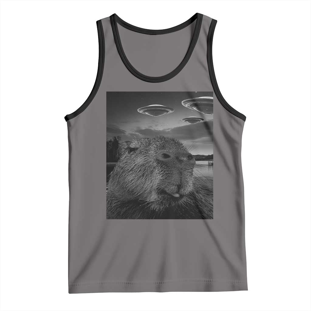 Funny Graphic Capybara Selfie with UFOs Weird Tank Top TS10 Deep Heather Black Print Your Wear