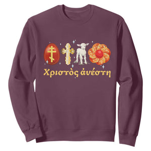 Funny Greek Orthodox Easter Day Sweatshirt Christ Is Risen Tsoureki Red Egg Sheep TS11 Maroon Print Your Wear