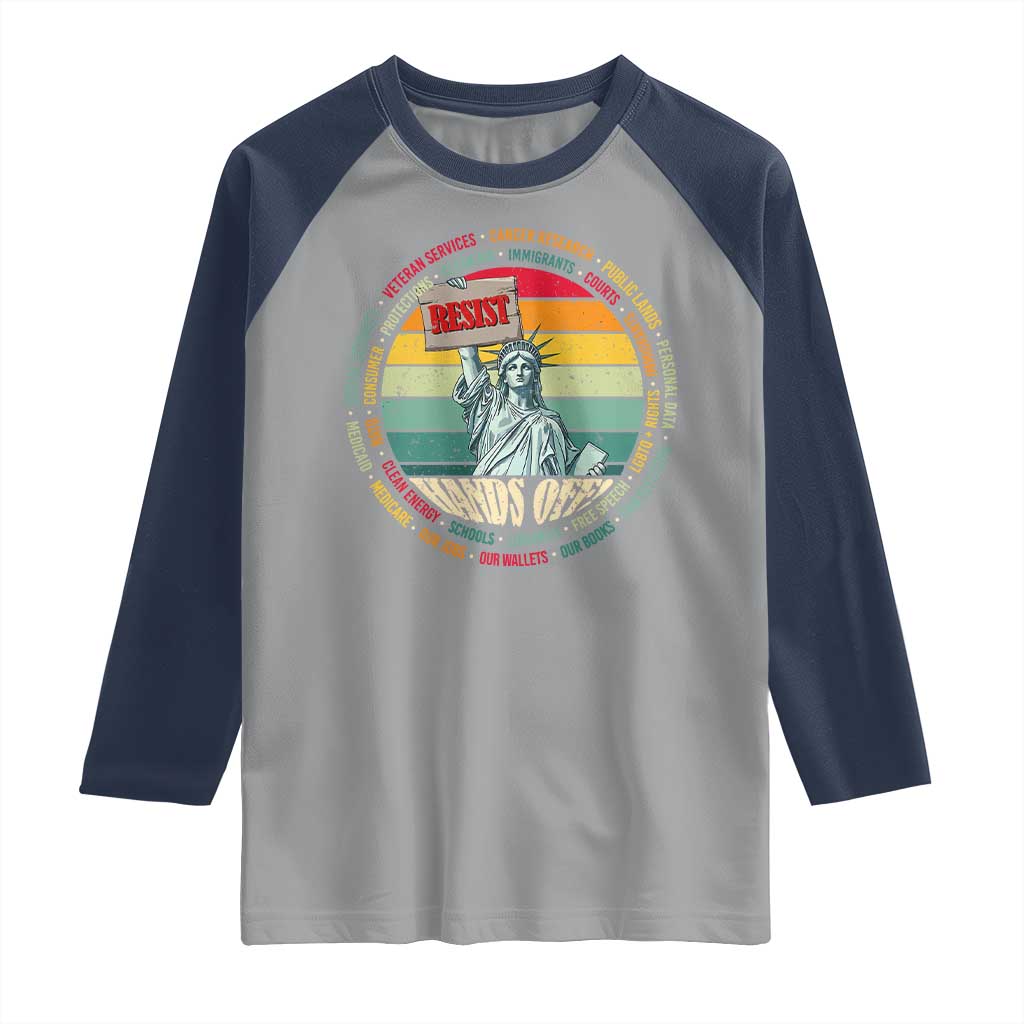 Funny Hands Off Raglan Shirt Resist Vintage Statue Of Liberty TS11 Sport Gray Navy Print Your Wear