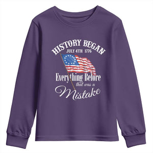 Funny History Began July 4th 1776 Everthing Before That Was A Mistake Youth Sweatshirt 4th Of July TS11 Purple Print Your Wear