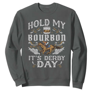 Funny Hold My Bourbon It's Derby Day Sweatshirt Horse Racing TS11 Dark Heather Print Your Wear