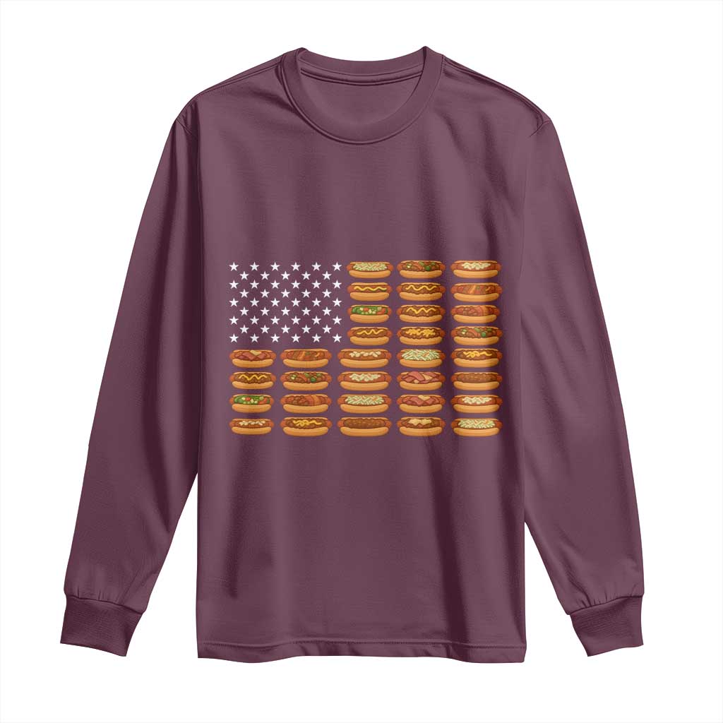 Funny Hot Dog American Flag Long Sleeve Shirt Patriotic USA 4th of July Summer BBQ Party TS02 Maroon Print Your Wear