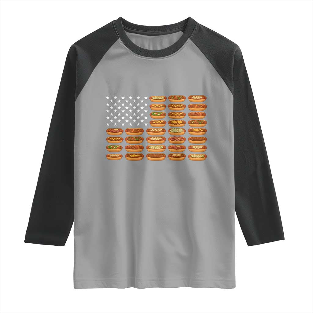 Funny Hot Dog American Flag Raglan Shirt Patriotic USA 4th of July Summer BBQ Party TS02 Sport Gray Black Print Your Wear
