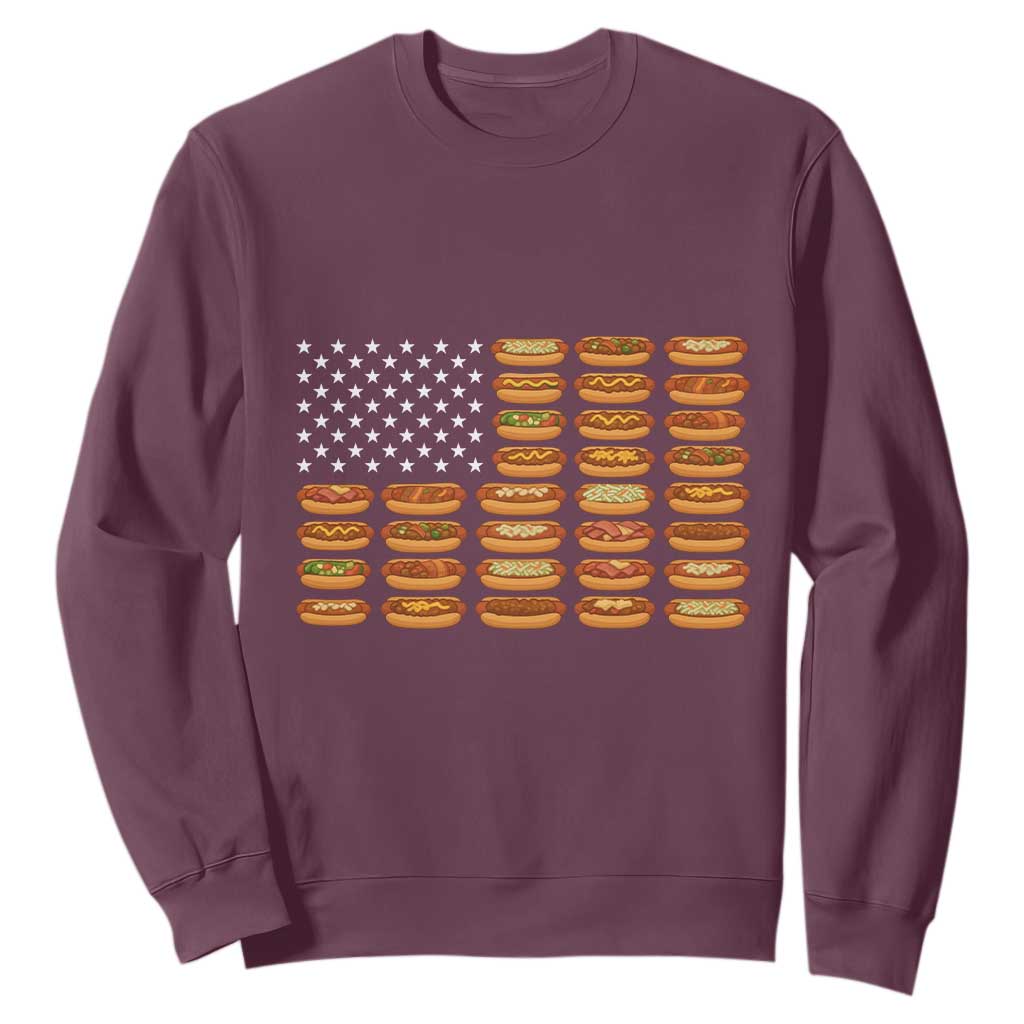 Funny Hot Dog American Flag Sweatshirt Patriotic USA 4th of July Summer BBQ Party TS02 Maroon Print Your Wear