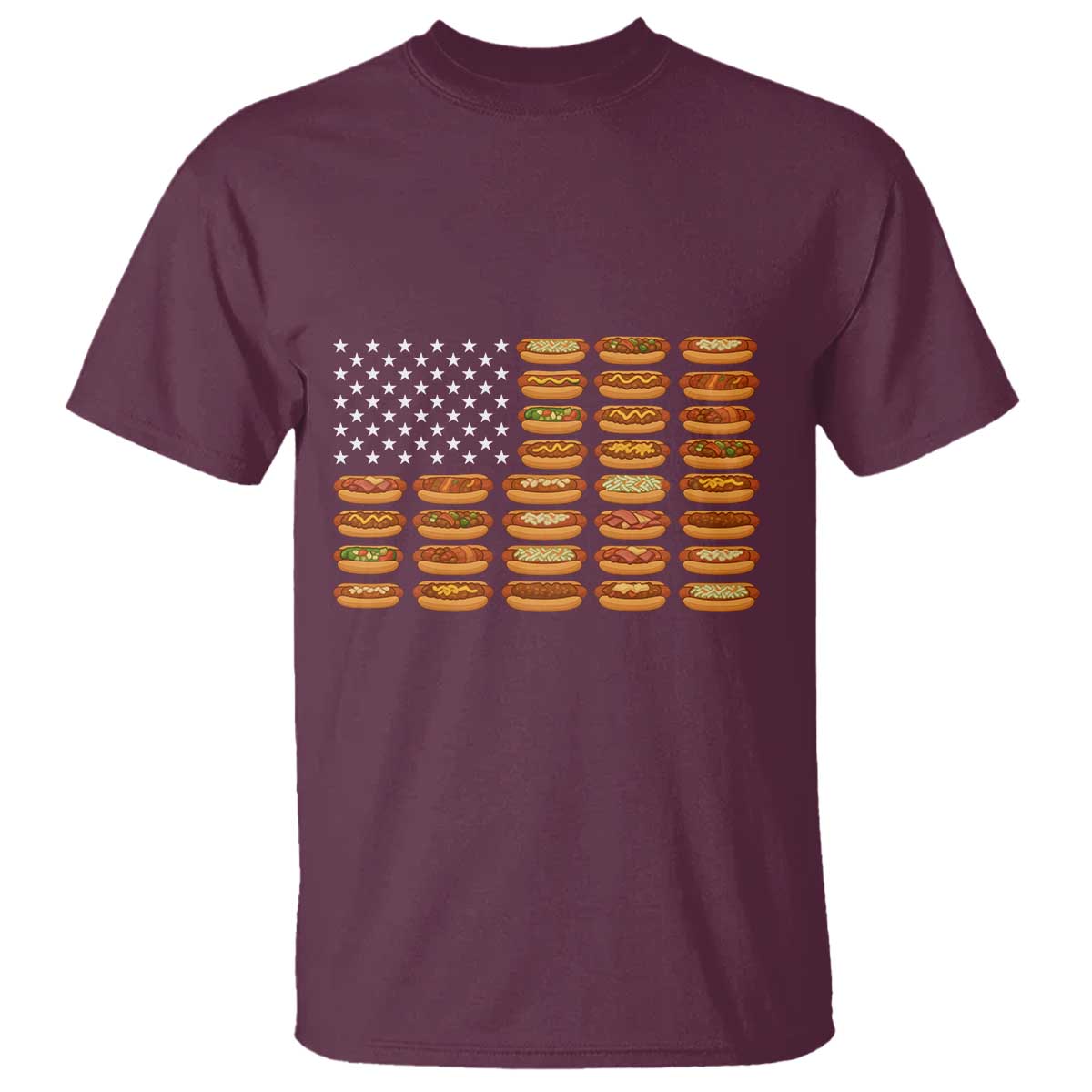 Funny Hot Dog American Flag T Shirt Patriotic USA 4th of July Summer BBQ Party TS02 Maroon Print Your Wear