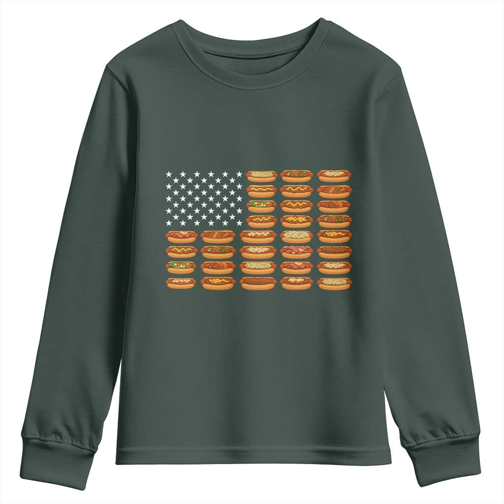 Funny Hot Dog American Flag Youth Sweatshirt Patriotic USA 4th of July Summer BBQ Party TS02 Dark Forest Green Print Your Wear