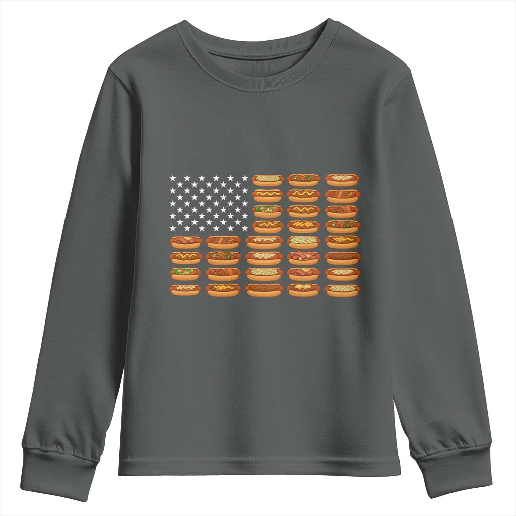 Funny Hot Dog American Flag Youth Sweatshirt Patriotic USA 4th of July Summer BBQ Party TS02 Dark Heather Print Your Wear