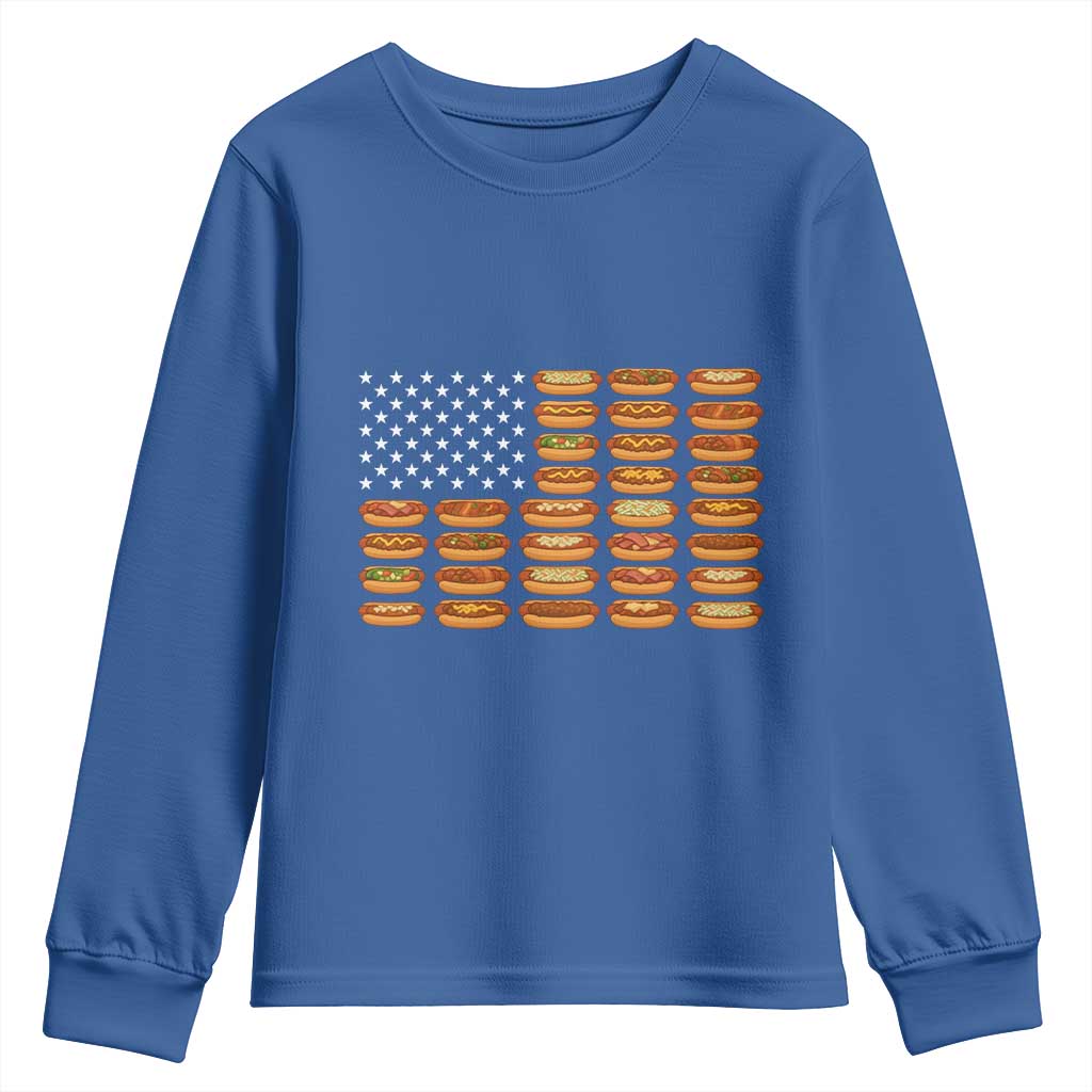 Funny Hot Dog American Flag Youth Sweatshirt Patriotic USA 4th of July Summer BBQ Party TS02 Royal Blue Print Your Wear