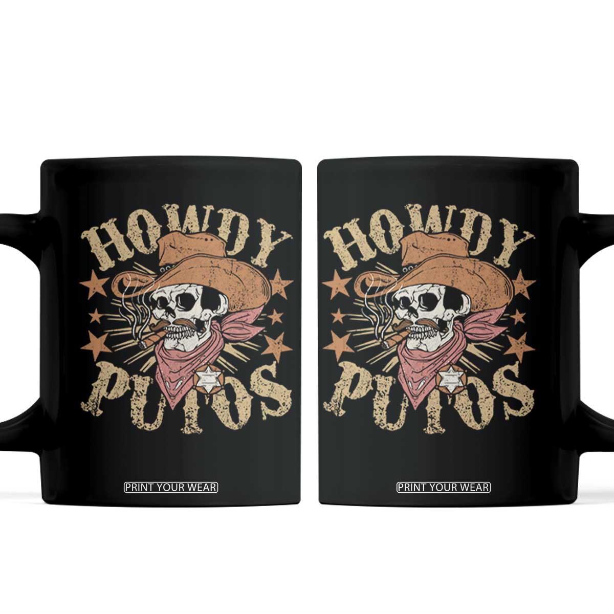 Funny Howdy Putos Coffee Mug Western Country Smoking Skull Cowboy TS11 Black Print Your Wear