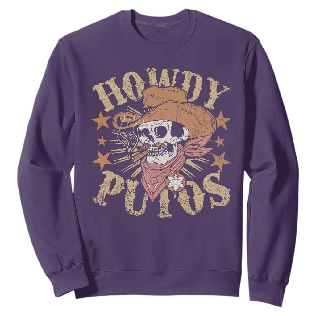 Funny Howdy Putos Sweatshirt Western Country Smoking Skull Cowboy TS11 Purple Print Your Wear