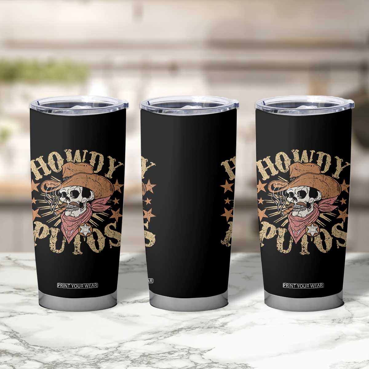 Funny Howdy Putos Tumbler Cup Western Country Smoking Skull Cowboy TS11 Print Your Wear