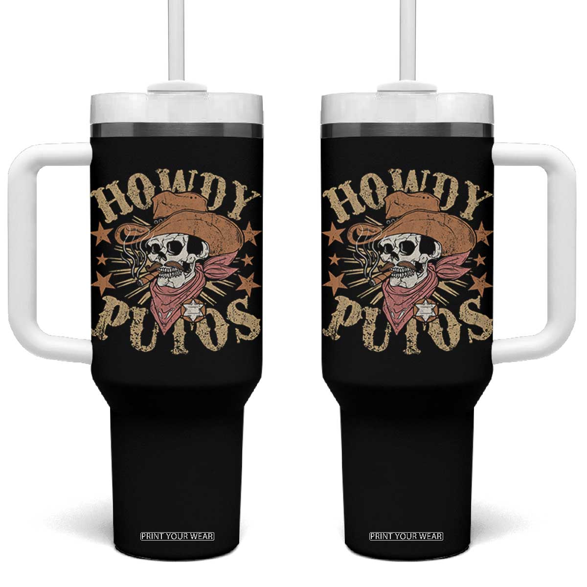 Funny Howdy Putos Tumbler With Handle Western Country Smoking Skull Cowboy TS11 One Size: 40 oz Black Print Your Wear