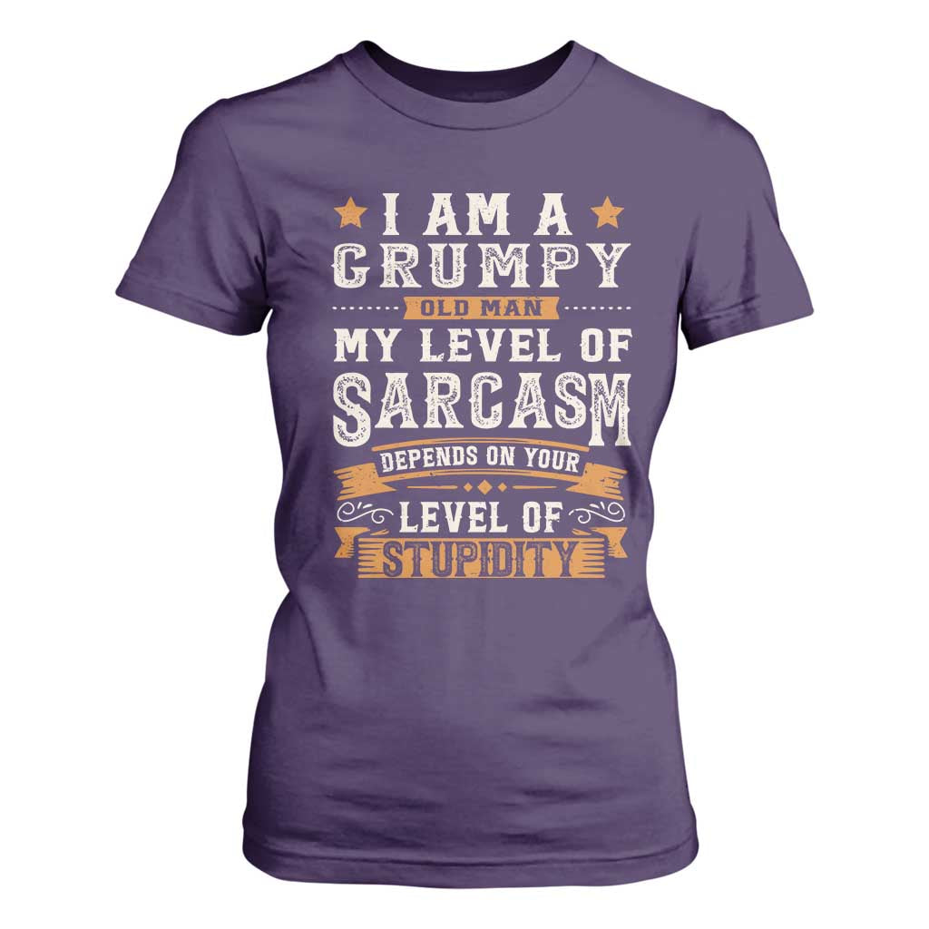 Funny I Am A Grumpy Old Man My Level Of Sarcasm Depends On Your Level Of Stupidity T Shirt For Women Vintage Star TS11 Purple Print Your Wear