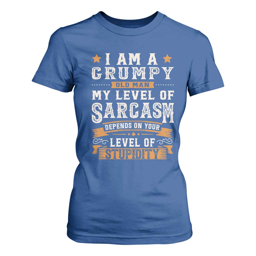 Funny I Am A Grumpy Old Man My Level Of Sarcasm Depends On Your Level Of Stupidity T Shirt For Women Vintage Star TS11 Royal Blue Print Your Wear