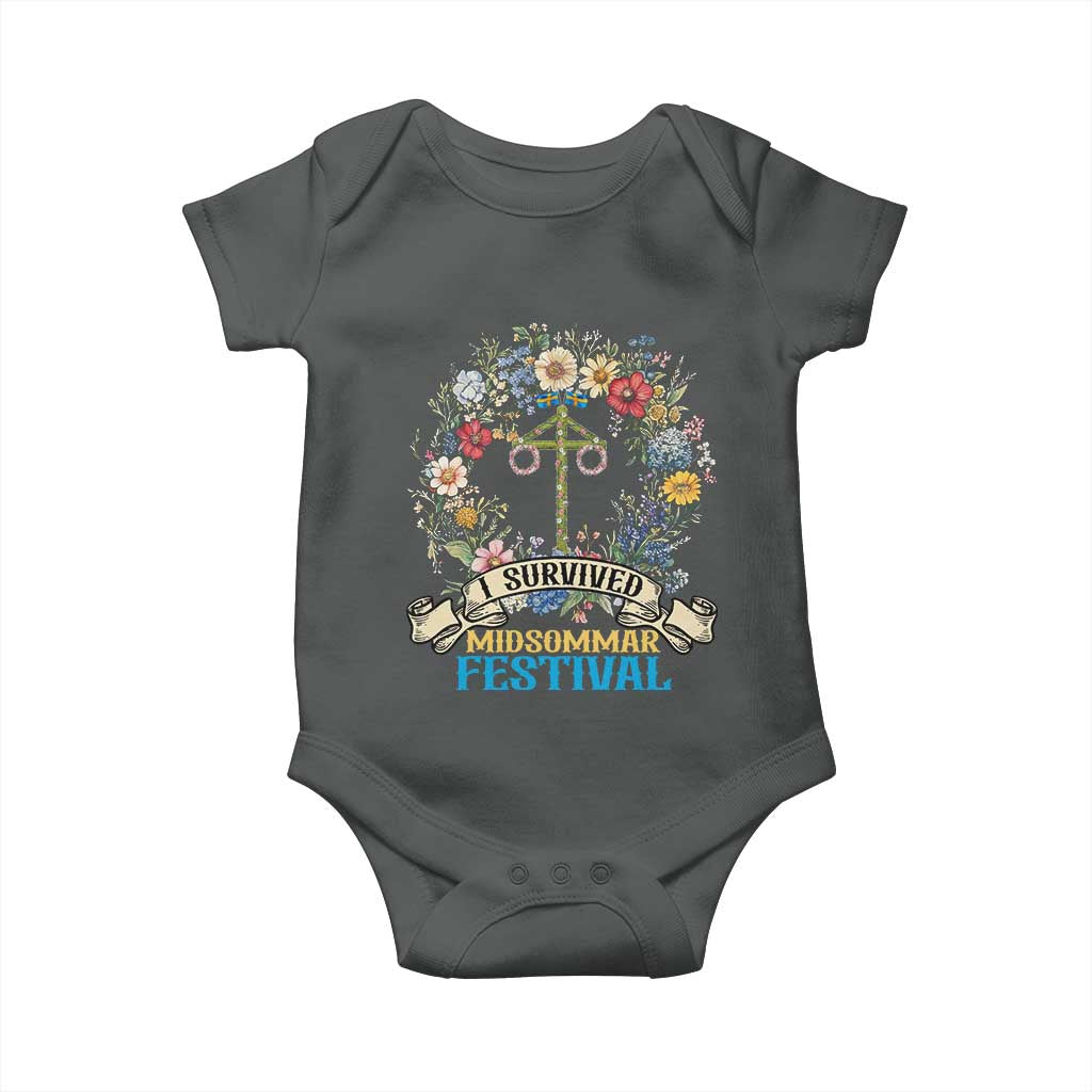 Funny I Survived Midsommar Festival Baby Onesie Sweden Summer Festival Maypole TS11 Dark Heather Print Your Wear