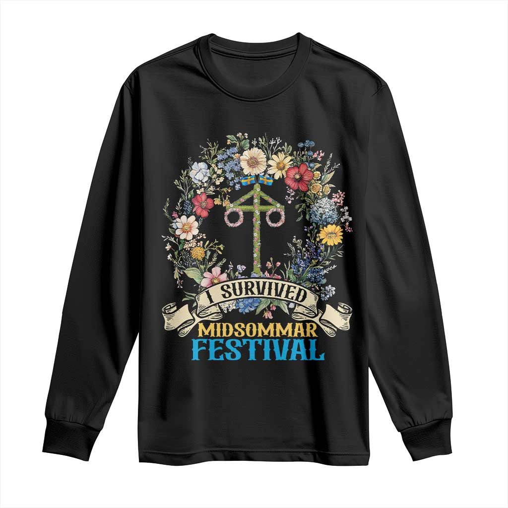Funny I Survived Midsommar Festival Long Sleeve Shirt Sweden Summer Festival Maypole TS11 Black Print Your Wear