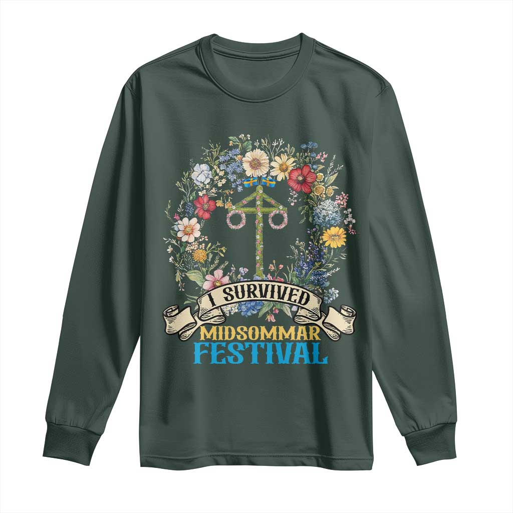 Funny I Survived Midsommar Festival Long Sleeve Shirt Sweden Summer Festival Maypole TS11 Dark Forest Green Print Your Wear