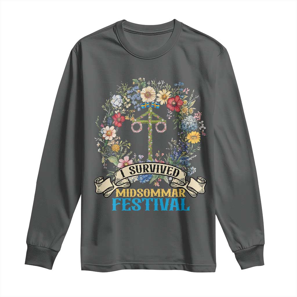 Funny I Survived Midsommar Festival Long Sleeve Shirt Sweden Summer Festival Maypole TS11 Dark Heather Print Your Wear