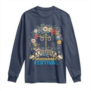 Funny I Survived Midsommar Festival Long Sleeve Shirt Sweden Summer Festival Maypole TS11 Navy Print Your Wear