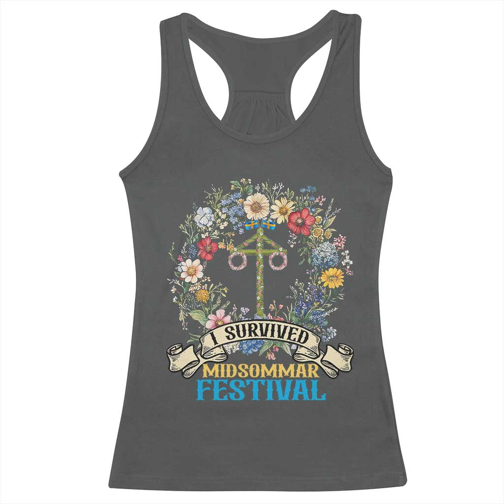 Funny I Survived Midsommar Festival Racerback Tank Top Sweden Summer Festival Maypole TS11 Dark Heather Print Your Wear