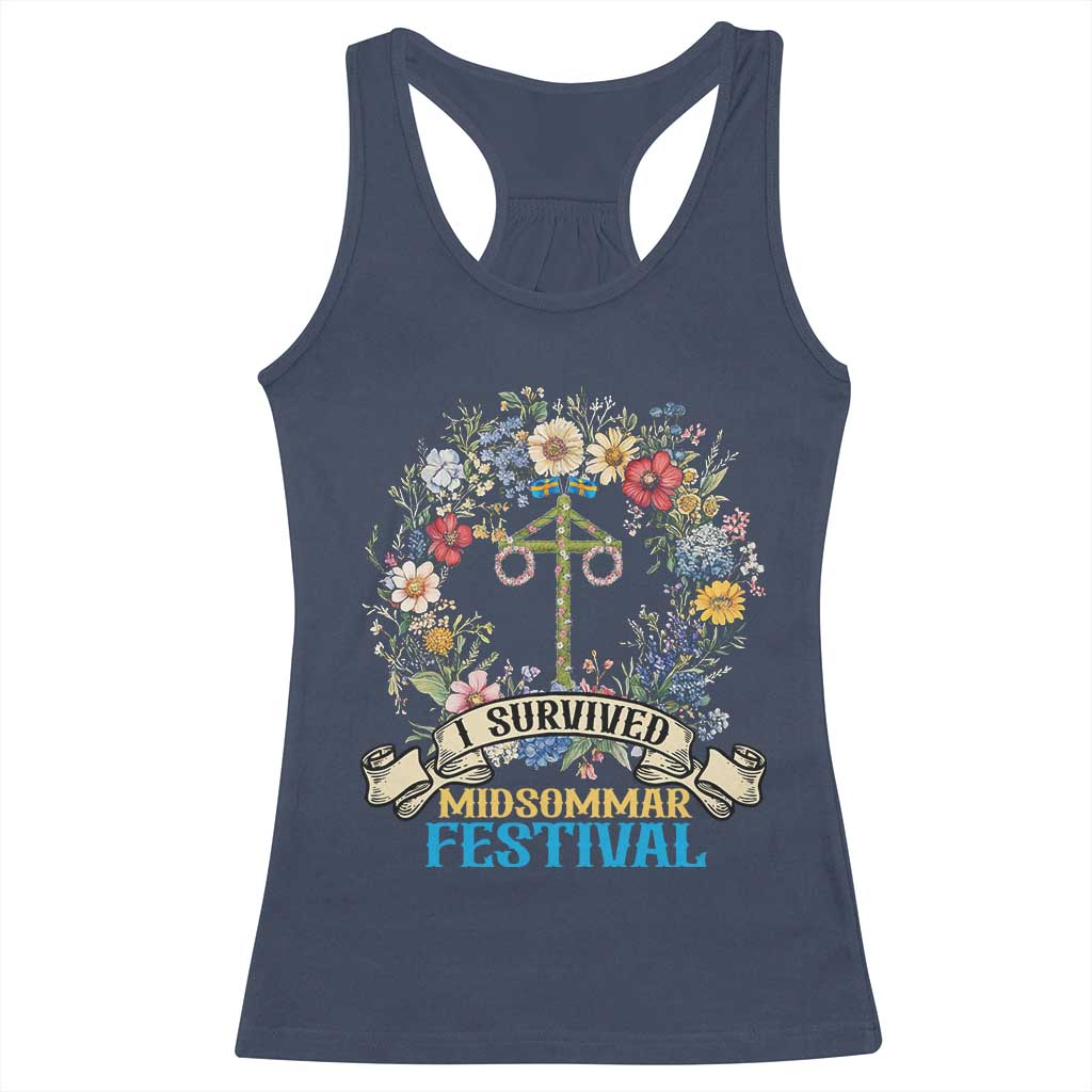 Funny I Survived Midsommar Festival Racerback Tank Top Sweden Summer Festival Maypole TS11 Navy Print Your Wear