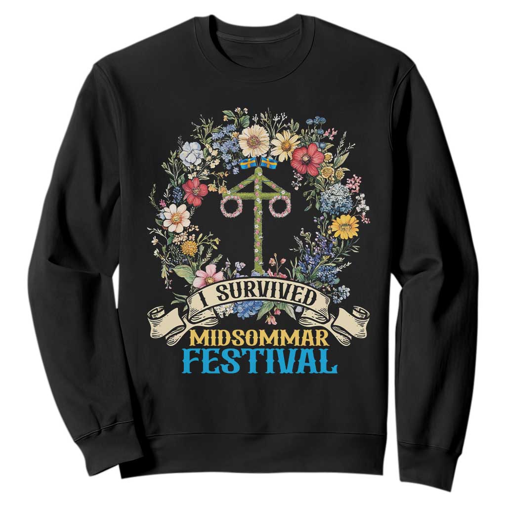 Funny I Survived Midsommar Festival Sweatshirt Sweden Summer Festival Maypole TS11 Black Print Your Wear