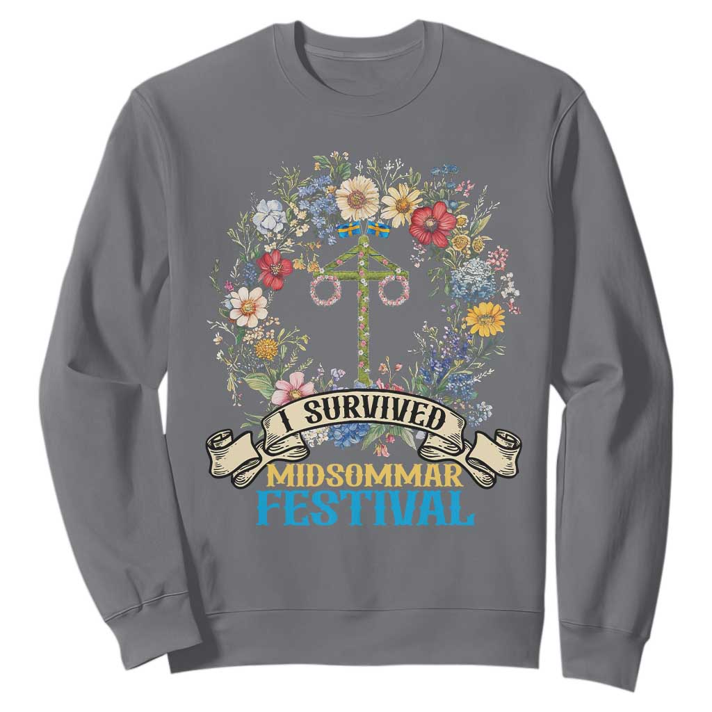 Funny I Survived Midsommar Festival Sweatshirt Sweden Summer Festival Maypole TS11 Charcoal Print Your Wear